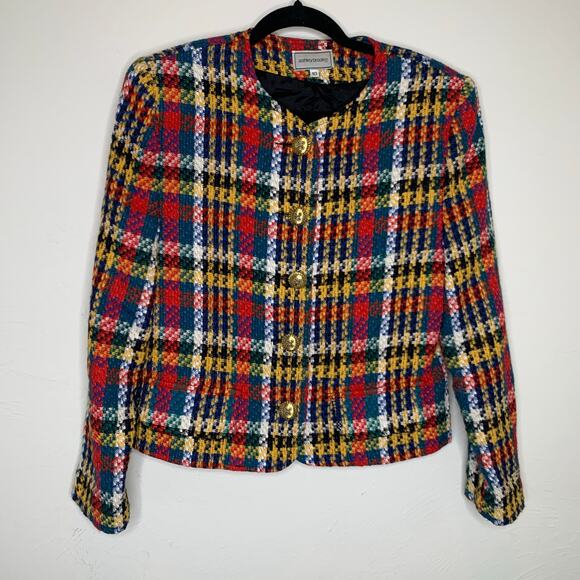 Vintage Blazer Plaid Red Green Gold Black Large Gold Buttons Sz 10 - Picture 5 of 7